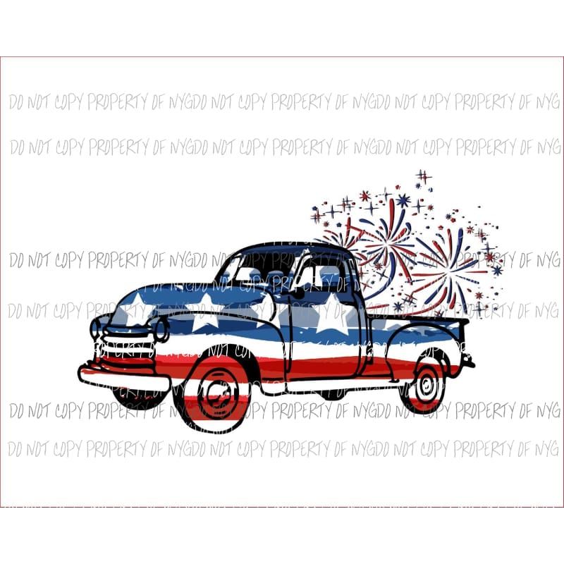 Vintage Truck flag red white blue fireworks Sublimation transfers Heat Transfer