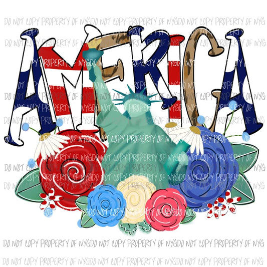 AMERICA red white blue Statue Of Liberty roses Sublimation transfers Heat Transfer