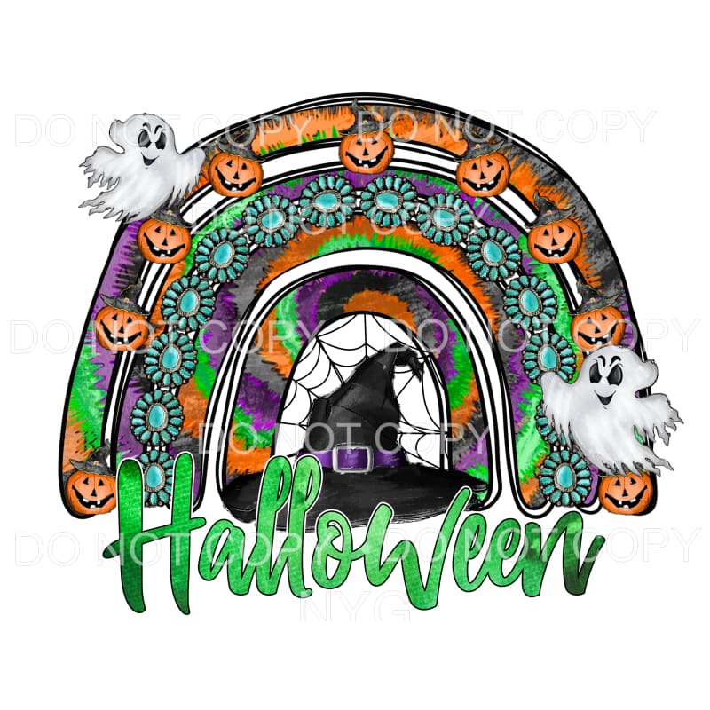 Halloweeen Rainbow Witch Hat Pumpkins Turqoise Tie Dye 